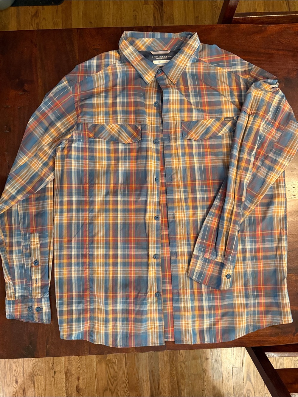 Columbia Men's Plaid Button-Down Shirt in Blue, Orange, Cream